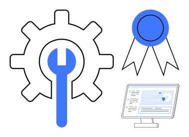 System optimization, software management, quality assurance, tools, certification, technology concepts. Gear with a wrench, certificate and screen display. System optimization and quality assurance