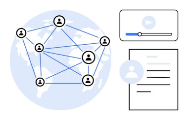 Küresel ağlar, veri paylaşımı, dijital işbirliği, bilgi teknolojisi, çevrimiçi medya, eğitim. Simge, bir dünya, medya oynatıcı ve belge üzerindeki insanlarla bağlantılı. Küresel ağlar ve veriler
