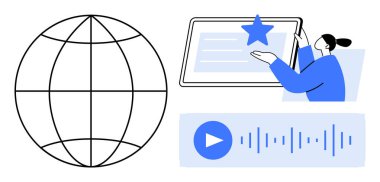 Online education, multimedia content, digital communication, global access, interactive learning, technology. Tablet with a star, globe and audio interface. Online education and multimedia content