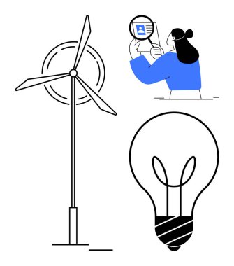 Enerji konsepti. Yenilenebilir enerji rüzgâr türbini sürdürülebilirliği yaratıcılık için bir ampul ve kimlik doğrulaması için büyüteç. Yenilenebilir enerji, teknoloji, yenilik ve kimlik için ideal