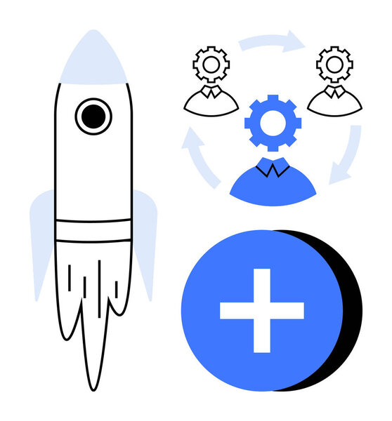 Startup growth concept. Rocket business launch and innovation. Teamwork and gear icons collaboration and progress. Startup strategies, teamwork, innovation hubs, professional development, goal