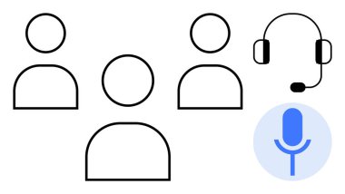 Uzaktan işbirliği, müşteri hizmetleri, podcast, telekomünikasyon, teknik destek, ses hizmetleri. Üç ana hatlı figür, bir kulaklık ve bir mikrofon sembolü. Uzak işbirliği ve müşteri