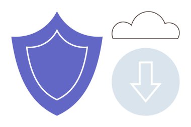 Mavi kalkan, bulut çizgisi ve daire şeklinde ok veri güvenliğini, bulut depolamayı ve yedeği simgeliyor. Siber koruma, gizlilik, teknoloji, güvenlik bilişim bulut hesaplaması için ideal basit düz metafor