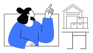 Lojistik, dağıtım, tedarik zinciri, depo yönetimi, envanter takibi. Kutuları istiflenmiş bir depoyu işaret eden bir kadın. Lojistik ve dağıtım konsepti depolama ve envanter düzenledi