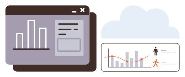 Kullanıcı analizi ve profilleri olan web panelleri içindeki çubuk ve çizgi grafikleri. Analiz, raporlar, gösterge panelleri, veri içgörüleri, web geliştirme, iş stratejisi, sunumlar için ideal. Basit düz