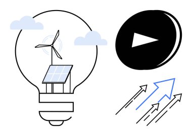 Yenilenebilir enerji, sürdürülebilirlik, çevre dostu yenilik, gelecek teknolojisi, enerji büyümesi, çevresel farkındalık. Rüzgar türbini ve güneş paneli olan ampul. yenilenebilir enerji ve sürdürülebilirlik