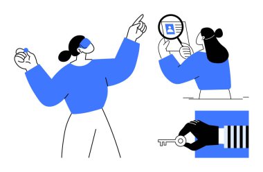 Kimlik doğrulama konsepti. Kimlik doğrulama simgeleri arasında biyometrik veriler, kullanıcı erişimi ve anahtar tabanlı güvenlik bulunmaktadır. Kimlik doğrulaması kullanıcı güvenliğini ve veri korumasını arttırır. Fintech için.