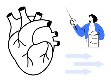 Human heart anatomy illustration next to a professional demonstrating with a pointer and document. Arrows symbolize data flow, explanation, training, knowledge share. Ideal for education, health