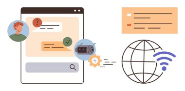 Kullanıcı mesajları ile sohbet arayüzü, sohbet robotu ve kablosuz sinyalli bir dünyanın yanında otomasyon ekipmanı. Yapay zeka, sohbet robotu, destek, otomasyon, problem çözme, iletişim küresel bağlantı için ideal