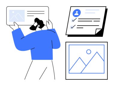 Person interacting with digital content, holding documents and checking profiles. Ideal for content creation, workflow, digitization, task management, profile handling, digital organization, simple