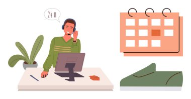 Masada bitki, defter ve takvim simgesiyle kulaklık kullanan destek temsilcisi. Müşteri hizmetleri, programlama, ulaşılabilirlik, iletişim, yardım, profesyonellik için ideal daire