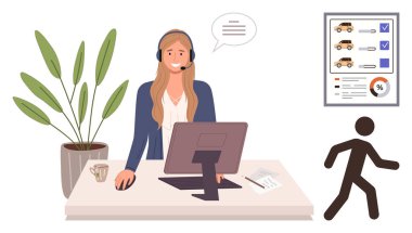 Masasında bilgisayar, belge ve bitki bulunan kulaklıklı dost canlısı bir ajan. Müşteri gider, kontrol listesi görünür olur. Müşteri hizmetleri, araba kiralama, kiralama, yardım iletişim satışları için ideal