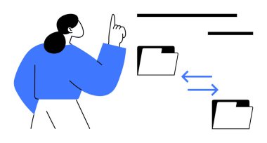 Veri paylaşımı, dosya transferi, dijital organizasyon, ağ işbirliği, veritabanı yönetimi, bulut teknolojisi. Transferi gösteren oklu dosyaları gösteren bir kadın. Veri paylaşımı ve dosya