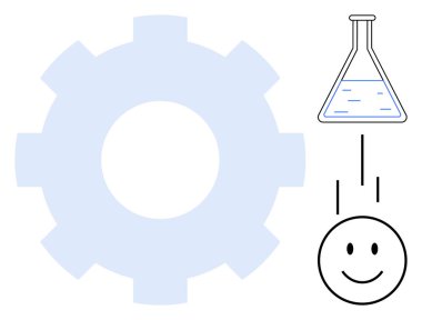 Yenilik kavramı. Teçhizatlı yenilik ve matara bilimsel gelişim. Yenilik, mutlu bir yüzle olumlu sonuçlara yol açar. Teknoloji, eğitim, ilham, bilimsel araştırma, takım çalışması için