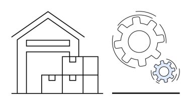 Lojistik, tedarik zinciri, depo işlemleri, imalat, işlem yönetimi. Yığınla kutu ve vites simgeleriyle dolu bir depo. Lojistik ve tedarik zinciri kavramları