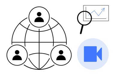 Uzaktan çalışma, sanal toplantılar, çevrimiçi analiz, küresel işbirliği, dijital ağ, iş büyümesi. Küresel olarak bağlanan üç kullanıcı, büyüteç analiz grafiği görüntü arama simgesi. Uzak