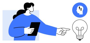 Fikir üretimi konsepti. İllülasyon, elinde tablet, yaratıcılık sembolü olarak ampul ve strateji ikonu tutan kişinin fikir üretimine odaklanır. Takım çalışması için harika, yenilik stratejileri, yaratıcı