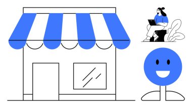 Küçük işletme konsepti. Küçük işletme vitrininde gülümseyen bir ikon ve dizüstü bilgisayar kullanan bir kişi var. Küçük işletmelerin bağlantıları, müşteri odakları ve büyümesi. Girişimcilik için ideal.