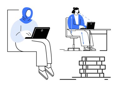 Uzaktan çalışma konsepti. Dizüstü bilgisayarlar ve dijital iletişim trendleri üzerinde çalışan kadınlar. Uzaktan çalışma esnekliği, takım çalışmasını ve üretkenliği destekler. Teknoloji, eğitim ve serbest çalışma için.