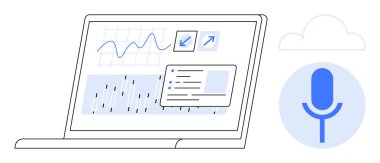 Veri görselleştirme, ses girişi, analitik araçlar, bulut hizmetleri, ses işleme, uzaktan çalışma. Grafikleri gösteren dizüstü bilgisayar. Veri görselleştirme ve ses giriş kavramı
