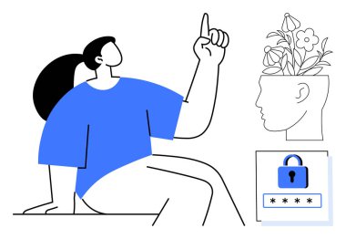 Yukarıya bakan bir kadın, çiçekli kafa hatları ve kilitli bir şifre kutusu. Farkındalık, yaratıcılık, güvenlik, yenilik, fikirler zihinsel farkındalık için idealdir. Basit bir daire.