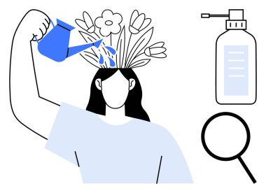 Baştan büyüyen çiçekleri sulayan kişi, büyüteç, sprey şişesi kişisel bakım, kişisel gelişim ve farkındalığı sembolize ediyor. Öz gelişim, sağlık, farkındalık ve kişisel bakım için ideal