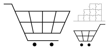 E-ticaret konsepti. Stratejik iş çözümleri, çevrimiçi perakende satış ve tüketici işlemleriyle dolu bir alışveriş arabası taslağı. Perakende satış, alışveriş uygulamaları, pazarlama, iş stratejisi