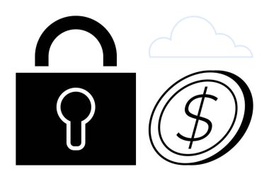 Çevrimiçi güvenlik, veri şifreleme, siber güvenlik, finansal tasarruflar, bulut hesaplama, güvenli işlemler. Kara kilit, para ve bulut grafiği. Siber güvenlik ve mali tasarruflar