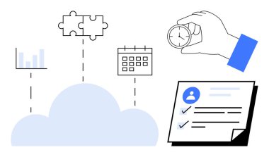 Grafik, bulmaca, takvim, saat ve listeli panoya bağlı bulut. Üretkenlik, işbirliği, zaman izleme, görev planlama hedefi belirleme için ideal iş akışı optimizasyonu basit düz