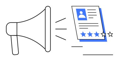 Megaphone broadcasting profile with photo and 4-star rating. Ideal for branding, marketing, communication, feedback, promotion, reputation, evaluation. Simple flat metaphor