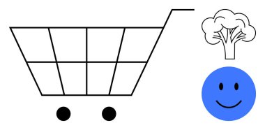 Alışveriş konsepti. Minimalist alışveriş arabası tasarımı, mutlu bir yüz ve brokoli sağlıklı tüketici seçenekleriyle birleşti. Alışveriş, refahı ve sağlık bilincini arttırır. Perakende ve damgalama için ideal