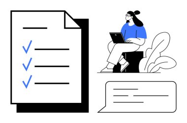 Üretkenlik kavramı. Verimlilik bir kontrol listesi, uzaktan kumandalı bir dizüstü bilgisayar ve iletişim balonu ile gösteriliyor. Proje planlamasında verimlilik, görev yönetimi