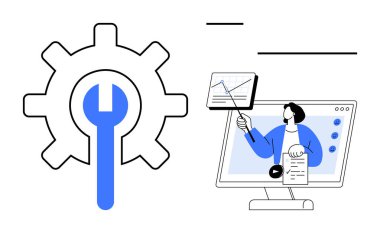 Bakım konsepti. Bilgisayar ekranında dijital eğitimin yanı sıra bir teçhizat ve ingiliz anahtarı sembolüyle bakım. İş, teknoloji, eğitim, araçlar ve uzak öğrenim için bakım