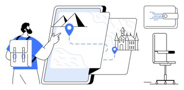 Seyahat, seyrüsefer, planlama gezileri, turizm, dijital aletler, keşif. Adam büyük bir dijital haritayı, yön bulma pimini, dağları ve işaretleri işaret ediyor. Seyahat ve seyrüsefer kavramları