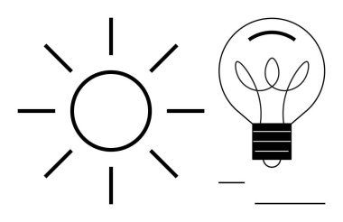 Enerji, sürdürülebilirlik, yenilenebilir kaynaklar, temiz güç, yenilik, çevre. Güneş ve ampul çizgisi sanatı. Güneş ve ampul görüntüleriyle enerji ve sürdürülebilirlik