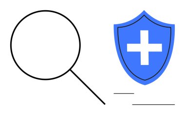 Siber güvenlik, veri analizi, kimlik doğrulama, bilgi koruma, güvenlik, güvenli tarama. Bir büyüteç ve haç sembollü bir kalkan simgesi. Siber güvenlik ve veri analizi kavramı