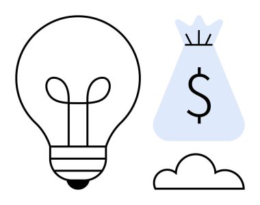 Ampul, dolar işareti olan para çantası, ve yeniliği temsil eden bulut ikonu, finansal büyüme, bulut bilgisayarı. İş, finans, girişimler, teknoloji stratejisi enerji çözümleri için ideal