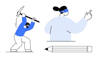 Yaratıcı süreç, tasarım düşünme, yenilik, dijital araçlar, VR teknolojisi, takım çalışması. Kazma kullanan bir işçi, VR kulaklığı ve kalemi olan biri. Yaratıcılık ve tasarım düşünme konsepti