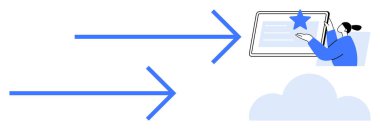 Veri yönetimi, bulut hesaplama, iş akışı süreci, dijital hizmetler, çevrimiçi depolama, teknoloji ilerlemesi. Oklar ekranı ve bulutu gösteriyor. Veri yönetimi ve bulut hesaplama kavramı