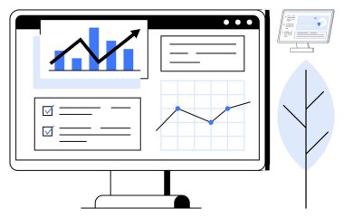İş analizi, veri görselleştirme, performans ölçümleri, izleme, iş akışı optimizasyonu, karar desteği. Bilgisayar ekranında grafikler, raporlar ve çizelgeler var. Veri görselleştirme ve iş