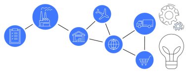 İş süreçleri, lojistik, tedarik zinciri, e-ticaret, yenilik, küresel bağlantı. Fabrika, depolama kamyonu uçağı ve alışveriş arabası olan diyagram akışı. Lojistik ve tedarik zinciri