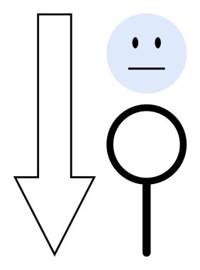 Akıl sağlığı, navigasyon, analiz, duygu, karar verme, keşif. Aşağı ok, tarafsız yüz büyüteç. Sembolik bir tasarımda zihinsel sağlık ve navigasyon kavramları