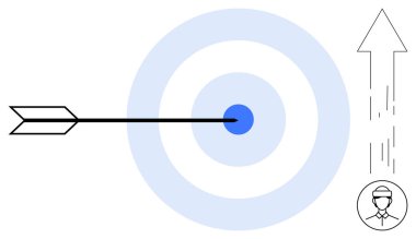 İş başarısı, hedef başarısı, stratejik planlama, liderlik, kariyer büyümesi, performans artışı. Ok yukarı ok ve insan ikonu ile tam isabet. Hedef başarı ve iş başarısı