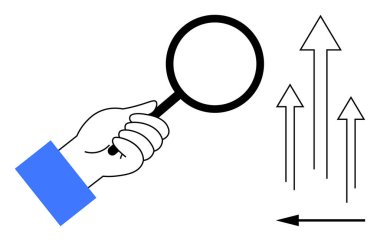 Analiz konsepti. El ele tutuşan büyüteç yukarı doğru ok ile veri ve büyümeye odaklanır. İş büyümesi, veri araştırması, sorun çözme, finansal stratejiler ve pazarlama alanlarında uygulanan analiz