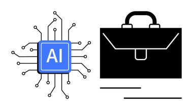 Yapay zeka entegrasyonu, iş stratejisi, teknoloji yeniliği, kariyer geliştirme, dijital sistemler, çalışma alanı eğilimleri. Devre Yapay Zeka çipi ve evrak çantası ikonu. AI entegrasyonu ve iş stratejisi teması
