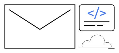 Bulut depolama, e-posta hizmetleri, programlama, çevrimiçi mesajlaşma, web geliştirme, dijital teknoloji. Kodlama ve bulut sembollü büyük bir zarf simgesi. Bulut depolama ve e-posta hizmetleri kavramı