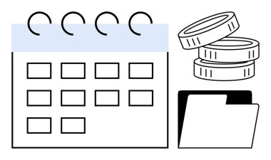 Zaman yönetimi, bütçe planlaması, finansal planlama, organizasyon, iş araçları, programlama. Takvim ızgarası, bozuk para yığını ve bir dosya klasörü. Zaman yönetimi ve bütçe kavramı
