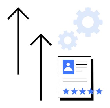 Profil detaylarıyla devam edin, yıldız derecelendirme, yükselen oklar ve kariyer büyümesini vurgulayan vitesler, çalışan sıralaması, performans artışı. HR için ideal, yetenek kazanma, yetenek geliştirme