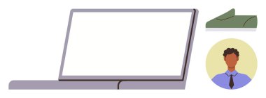 Bilgisayarı ekranla, çalışan portresini daire çerçevesiyle ve yeşil kanepeyle aç. Uzaktan çalışma, çevrimiçi toplantılar, üretkenlik, iletişim, serbest çalışma, iş-yaşam dengesi basit düz metaforlar için idealdir