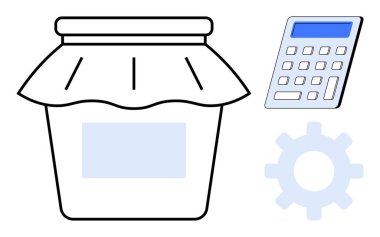 Finansal planlama, ürün ambalajlama, envanter yönetimi, bütçe, küçük işletmeler, üretim süreci. Basit bir tasarımda bir kavanoz, hesap makinesi ve vites simgesi. Mali planlama ve ürün